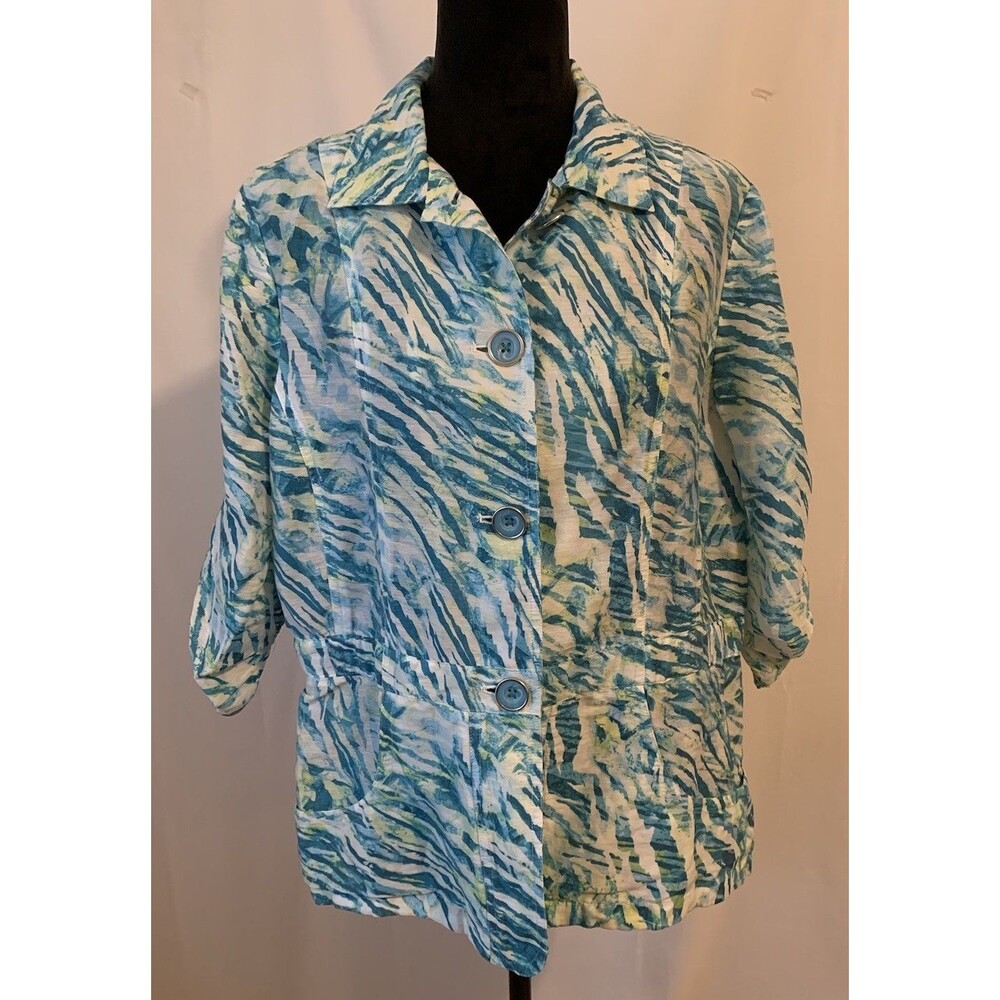 Chicos Size 2 Womens Large Jacket Linen Blend Roll Tab Sleeve Button Front